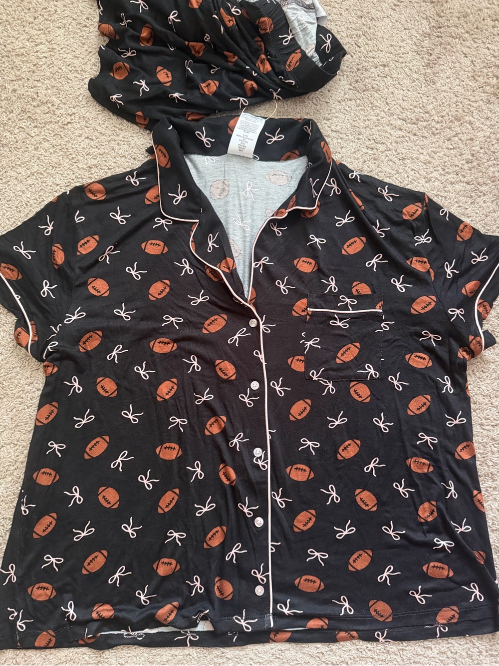 Serra Black and Brown Football-Print Short Pajama Top
